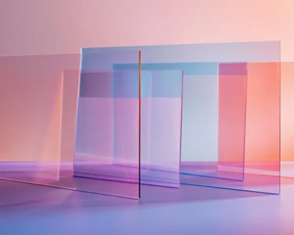 Rectangular panes of transparent material, tinted in soft pinks, blues, and oranges, overlap to create a layered, abstract composition.
