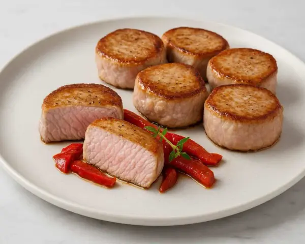 Seis medallones de solomillo a la plancha, jugosos y dorados, servidos con pimientos rojos asados y una ramita de hierbas.