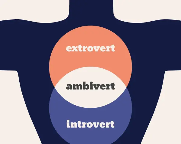 Diagram przedstawia trzy nakładające się koła: "extrovert", "ambivert" i "introvert". Kto to ekstrawertyk? Osoba czerpiąca energię z interakcji.