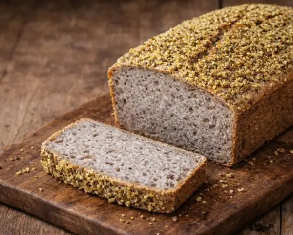 Ein rustikales Buchweizenbrot mit einer Scheibe auf einem Holzbrett. Die Kruste ist mit Buchweizenkörnern bestreut.
