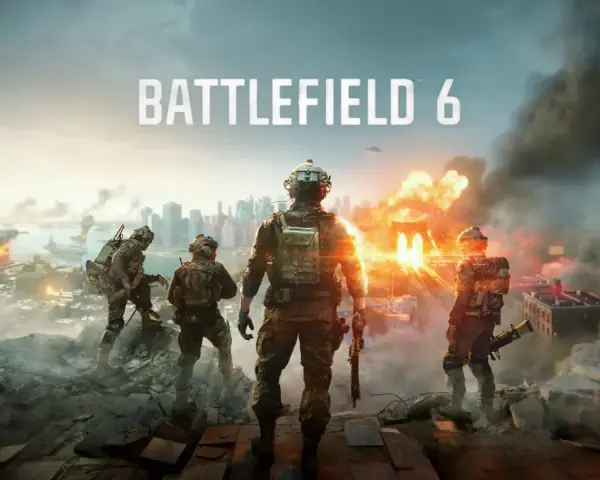 Żołnierze na tle płonącego miasta, z napisem "BATTLEFIELD 6". Gra dostępna w ramach Game Pass.