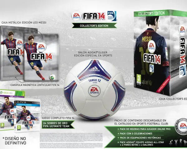 Edición Coleccionista de portada fifa 14 con balón, caja metálica de Leo Messi y juegos para Xbox 360 y PS3.