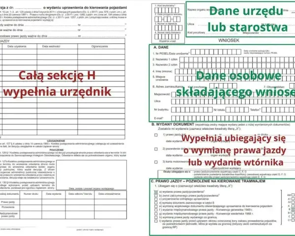 Wniosek o wydanie prawa jazdy, wypełnia urzędnik lub osoba składająca wniosek.
