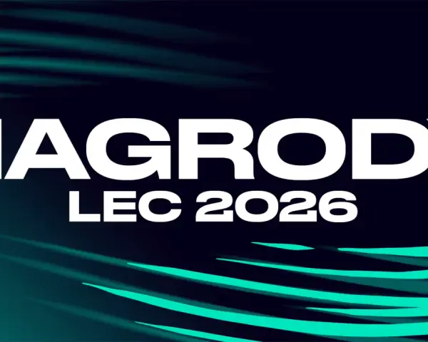 Napis "NAGRODY LEC 2026" na ciemnym tle z zielonymi pasami.