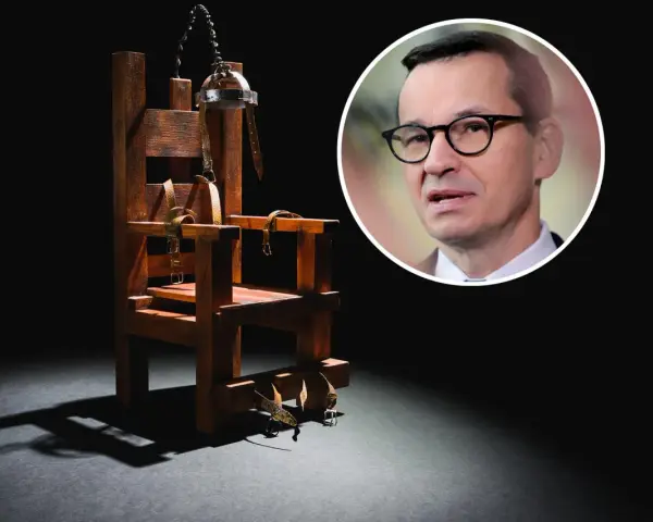 Krzesło elektryczne, symbol kary śmierci, obok portretu polityka.