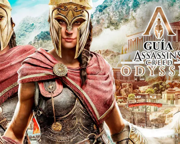 Guía para conseguir el platino en Assassin's Creed Odyssey. Dos guerreros espartanos con armadura dorada y capa roja posan ante ruinas griegas.