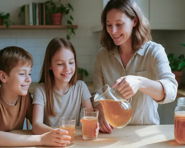 Une mère verse du kombucha dans des verres pour ses enfants. Un moment de partage autour de cette boisson fermentée, le kombucha enfant est une alternative saine.