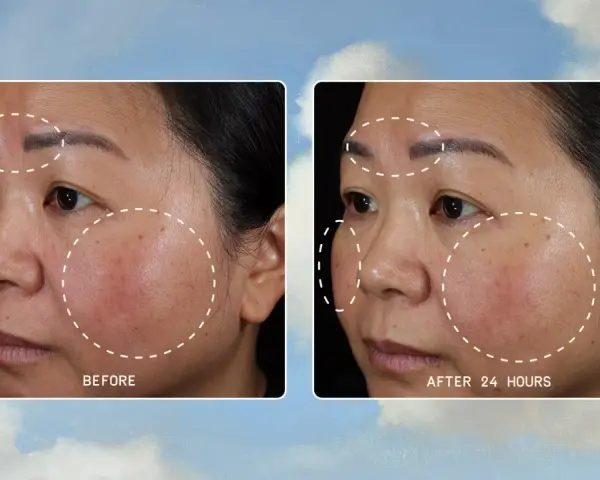 Before and after images show a woman's face with areas of damaged skin barrier highlighted. After 24 hours, the skin appears calmer and less irritated.