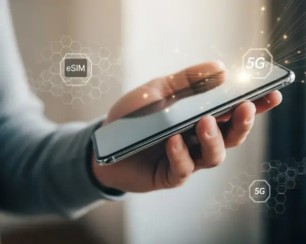 Hand holding a smartphone with "eSIM" and "5G" icons and network graphics.