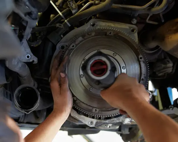 Mechanik dokonuje wymiany dwumasy w samochodzie, pracując przy skrzyni biegów.