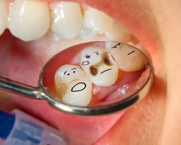 Zepsute zęby z narysowanymi buźkami w lusterku dentystycznym.