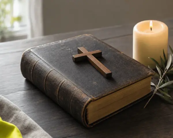 Stara biblia z krzyżem i płonącą świecą, symbol przygotowań do matury z wiedzy duchowej.