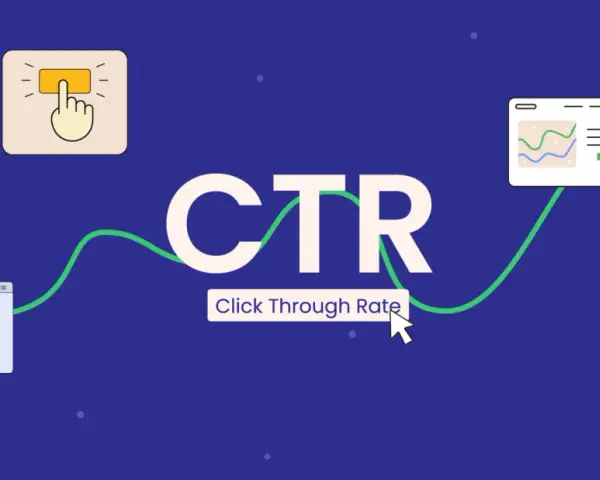 Grafika wyjaśnia, czym jest CTR (Click Through Rate). Widzimy ikonki przycisku, oka, wykresu i tortowego, a także napis "Click Through Rate".