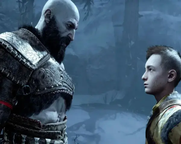 Kratos y Atreus en un paisaje nevado. La **duración** de God of War Ragnarök es épica.