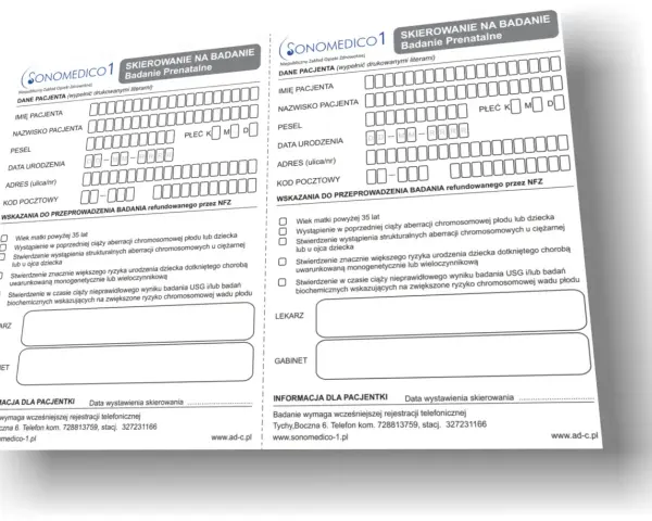 Dwa formularze skierowania na badanie prenatalne, z polami do wypełnienia danych pacjenta i wskazaniami do badań.