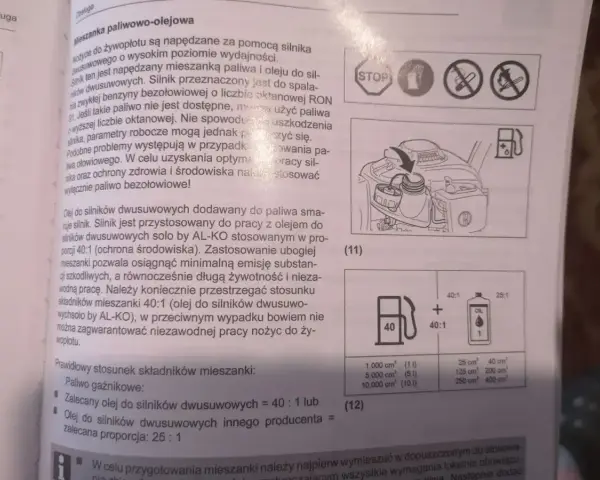 Ile wchodzi oleju do silnika? Instrukcja podaje proporcje 40:1 lub 25:1 w zależności od rodzaju oleju.