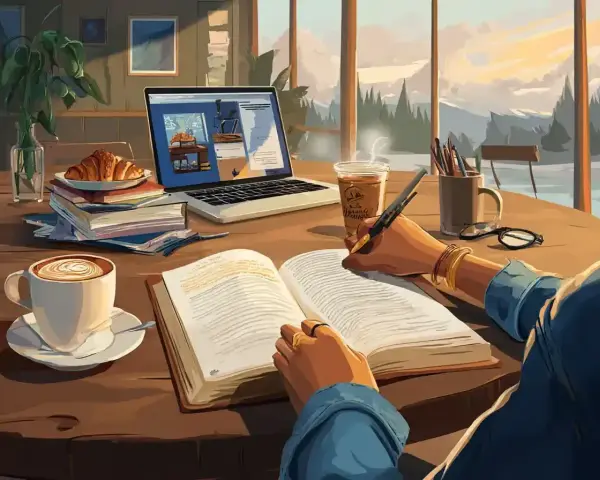 Polish: Osoba pisze w książce przy kawie i laptopie, z widokiem na góry.
French: Une personne écrit dans un livre avec du café et un ordinateur portable, avec vue sur les montagnes.