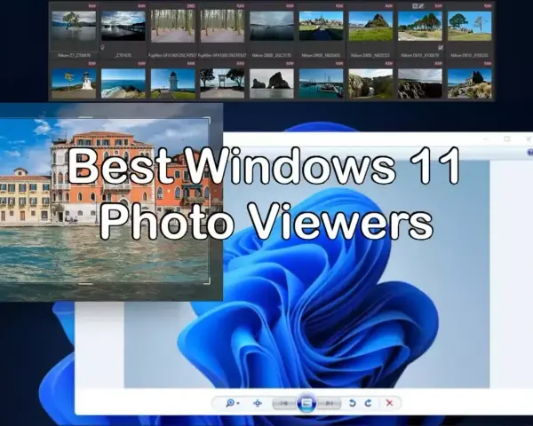 Przeglądarka zdjęć na Windows 11. Widok kolekcji zdjęć RAW i podgląd weneckiego krajobrazu.