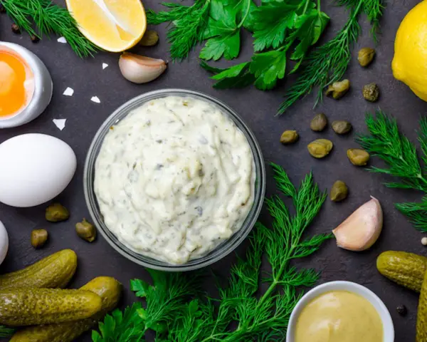 Ingredienti freschi per una deliziosa salsa tartara: uova, cetriolini, capperi, limone, aglio, aneto e prezzemolo.