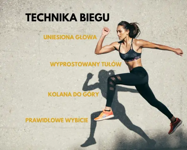 Kobieta w ruchu, ilustrująca technikę biegu: uniesiona głowa, wyprostowany tułów, kolana do góry i prawidłowe wybicie stopy.