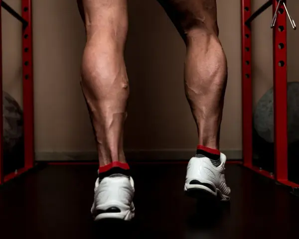 Jambes musclées, mollets sculptés par l'entraînement. Des veines saillantes témoignent d'un travail acharné pour muscler le mollet.