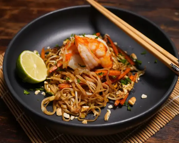 Ein Teller Pad Thai mit Garnelen, Limette und Erdnüssen, bereit zum Genießen.