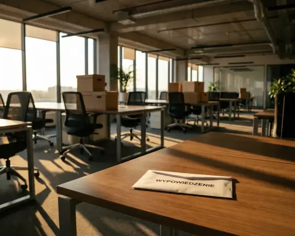 Puste biuro z kartonami na biurkach i kopertą z napisem "WYPOWIEDZENIE". Czy to początek zwolnienia grupowego od ilu osób?