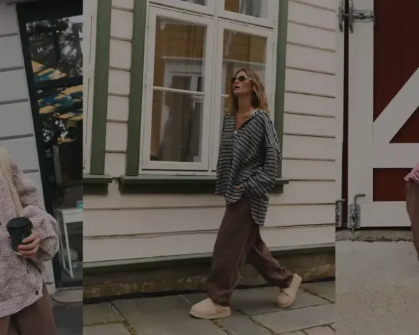 Uśmiechnięta blondynka prezentuje różne stylizacje ootd: w różowym kardiganie, w bluzce w paski i w różowej bluzce w paski z czapką.