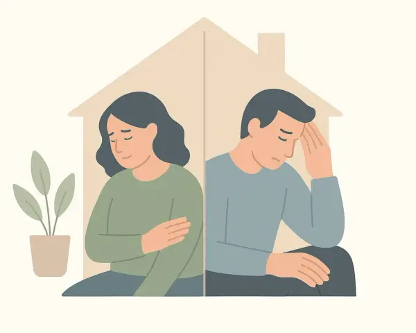 Un couple, séparé par une maison stylisée, exprime la tristesse et le désarroi d'une séparation de corps et de bien.