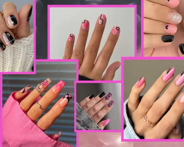 Collezione di unghie rosa e nere semplici con vari design: cuori, fiamme, geometrie e glitter.