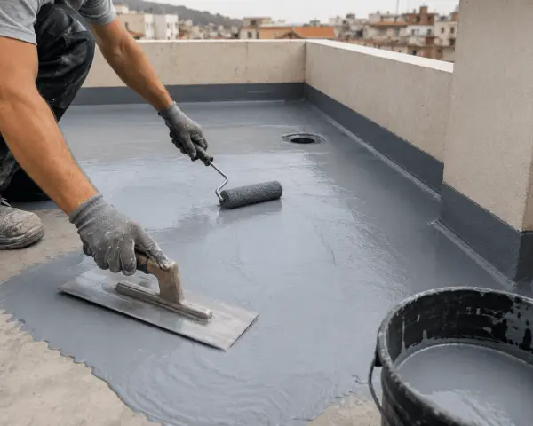 Aplicación de impermeabilizante para terrazas con rodillo y llana. Protegiendo la superficie contra la humedad.