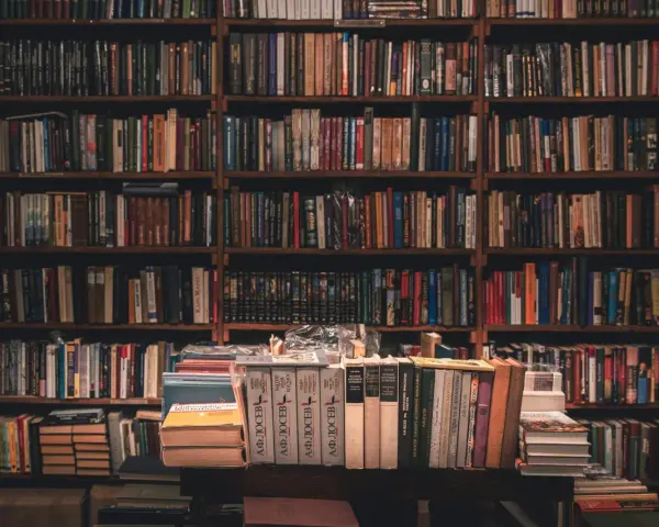 Wielka biblioteka pełna książek. Na pierwszym planie stosy książek, jedna z nich przypomina bułeczkę.