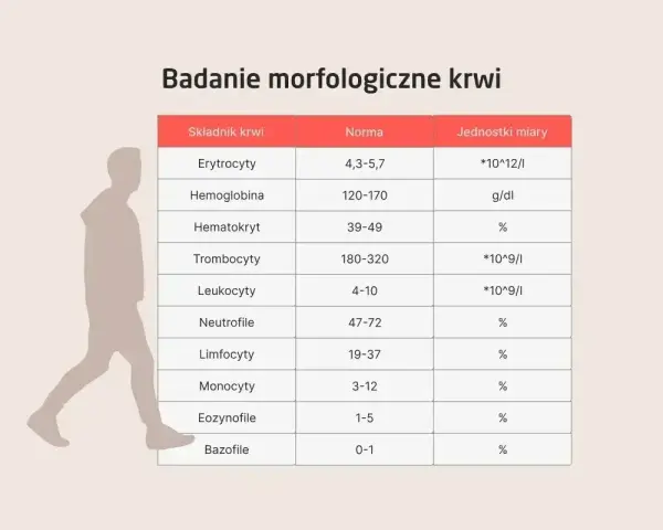 Tabela z badaniem morfologicznym krwi, pokazująca normy dla erytrocytów, hemoglobiny, hematokrytu, trombocytów, leukocytów, neutrofili, limfocytów, monocytów, eozynofili i bazofili. Obok sylwetka człowieka.
