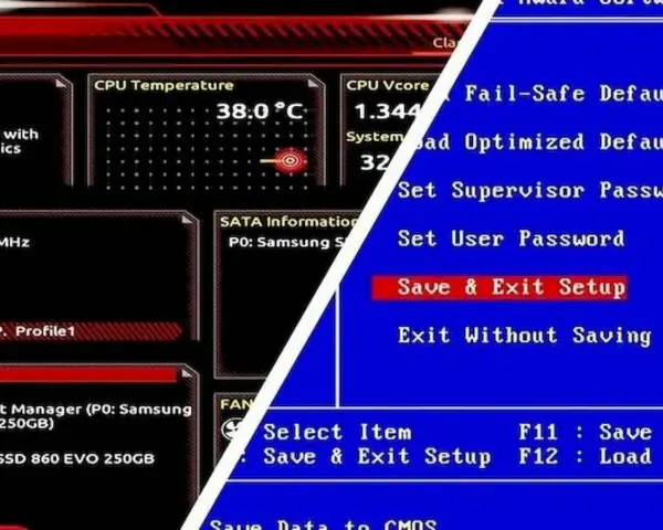 Ekran startowy BIOS-u pokazuje temperaturę CPU 38°C i opcje takie jak "Save & Exit Setup".