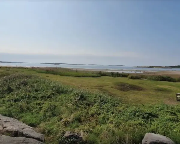 En bänk vid Rågelunds camping bjuder in till en stunds avkoppling med utsikt över vatten och grönska.