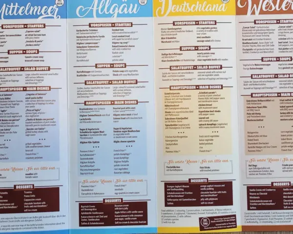 Center Parcs Restaurant Speisekarte: Vielfalt von Vorspeisen bis Desserts, mit Optionen für jeden Geschmack.