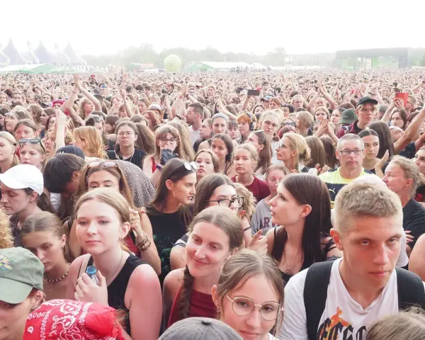 Tłum ludzi na lodz summer festival, z rękami w górze, cieszący się muzyką.