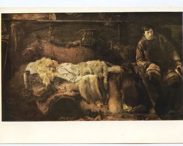 Malczewski przy łóżku chorej Ellenai, która leży otulona futrem. Mężczyzna czyta książkę, pogrążony w smutku.