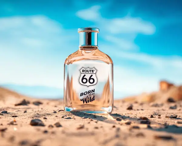 Szklana butelka perfum Route 66 "Born to be Wild" stoi na piaszczystej pustyni pod błękitnym niebem.