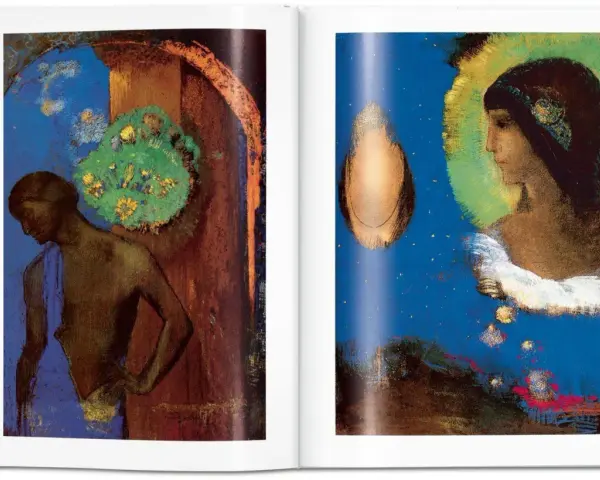 Dwie surrealistyczne sceny autorstwa Odilona Redona: postać w łuku i profil kobiety w otoczeniu gwiazd.
