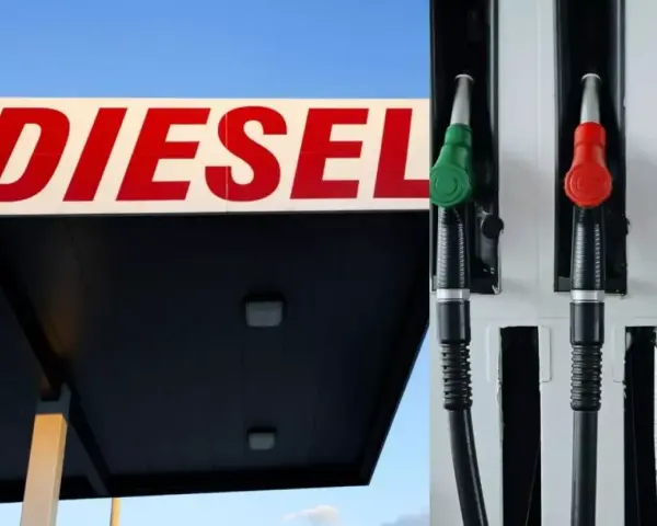 Na stacji paliw widać napis DIESEL i trzy dystrybutory. Zastanawiasz się, ile kosztuje kanister na stacji?