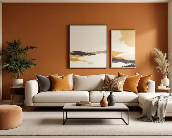 Un salon ocre chaleureux avec un canapé blanc, des coussins aux tons terreux, et des œuvres d'art abstraites.