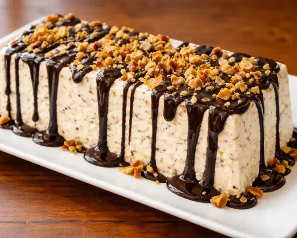 Delizioso parfait di mandorle, ricoperto di cioccolato fuso e croccante granella.