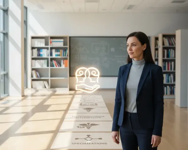 Kobieta w garniturze na tle biblioteki, wizualizacja ścieżki kariery: jak zostać psychologiem, od studiów po specjalizacje.
