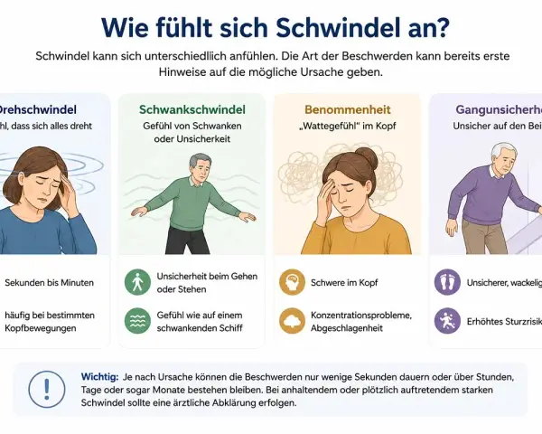 Illustrationen zeigen verschiedene Arten von Schwindel: Drehschwindel, Schwankschwindel, Benommenheit und Gangunsicherheit. Was tun bei Schwindel? Ärztliche Abklärung bei anhaltenden Beschwerden.
