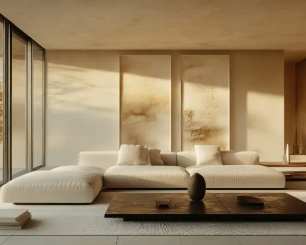 Un soggiorno con divano bianco, tavolino scuro e quadri astratti. Un esempio di stile minimal casa, con luce naturale che filtra da un'ampia vetrata.