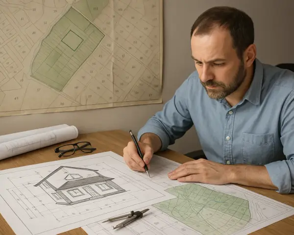 Architekt pracuje nad adaptacją projektu budowlanego, analizując plany działki i wizualizację domu.