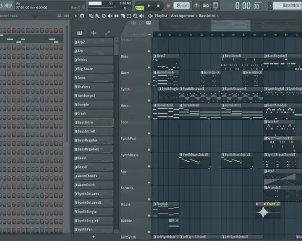 Sekwencer FL Studio z widocznym projektem "BassIntro", pełnym ścieżek syntezatorów i sampli.
