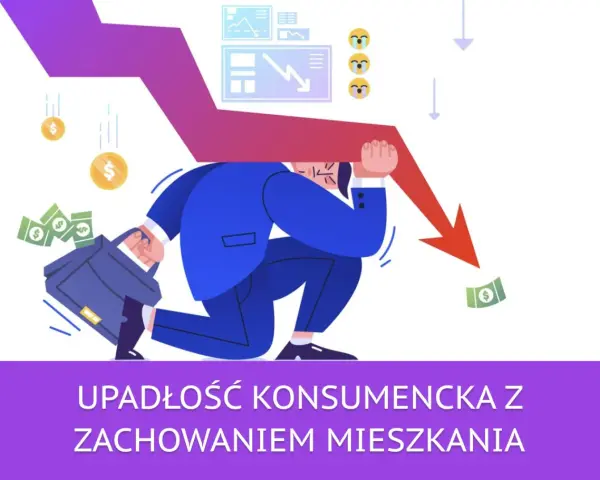 Biznesmen dźwiga ciężar spadkowego wykresu, symbolizując upadłość konsumencką z zachowaniem mieszkania.