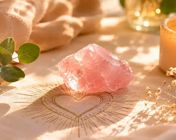 Un cuarzo rosa sobre un corazón dorado, rodeado de eucalipto y una vela encendida. Descubre como usar el cuarzo rosa para atraer el amor.